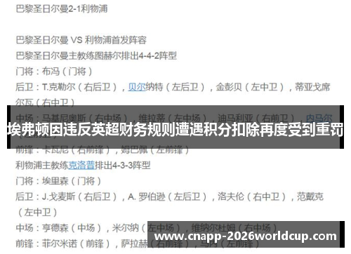 埃弗顿因违反英超财务规则遭遇积分扣除再度受到重罚