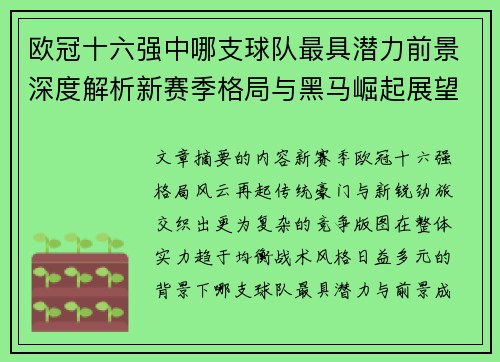 欧冠十六强中哪支球队最具潜力前景深度解析新赛季格局与黑马崛起展望